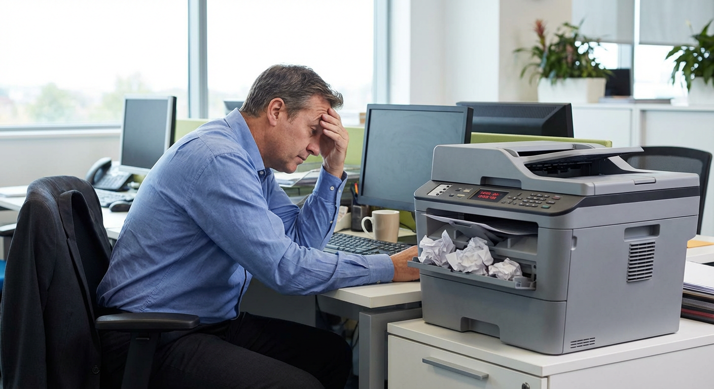 Frustrated worker with broken printer